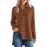 MASCOMODA Womens Sweaters Fall 2025 Oversized Striped Sweater Long Sleeve Polo V Neck Loose Side Slit Knitted Tunic Tops