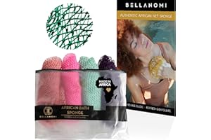 BELLANOMI 4 Piece African Exfoliating Net Sponge Long African Bath Sponge, Authentic Ethically Sourced from Nigeria, Great for Daily Use (Pink, Indigo, Seafoam, Blush)