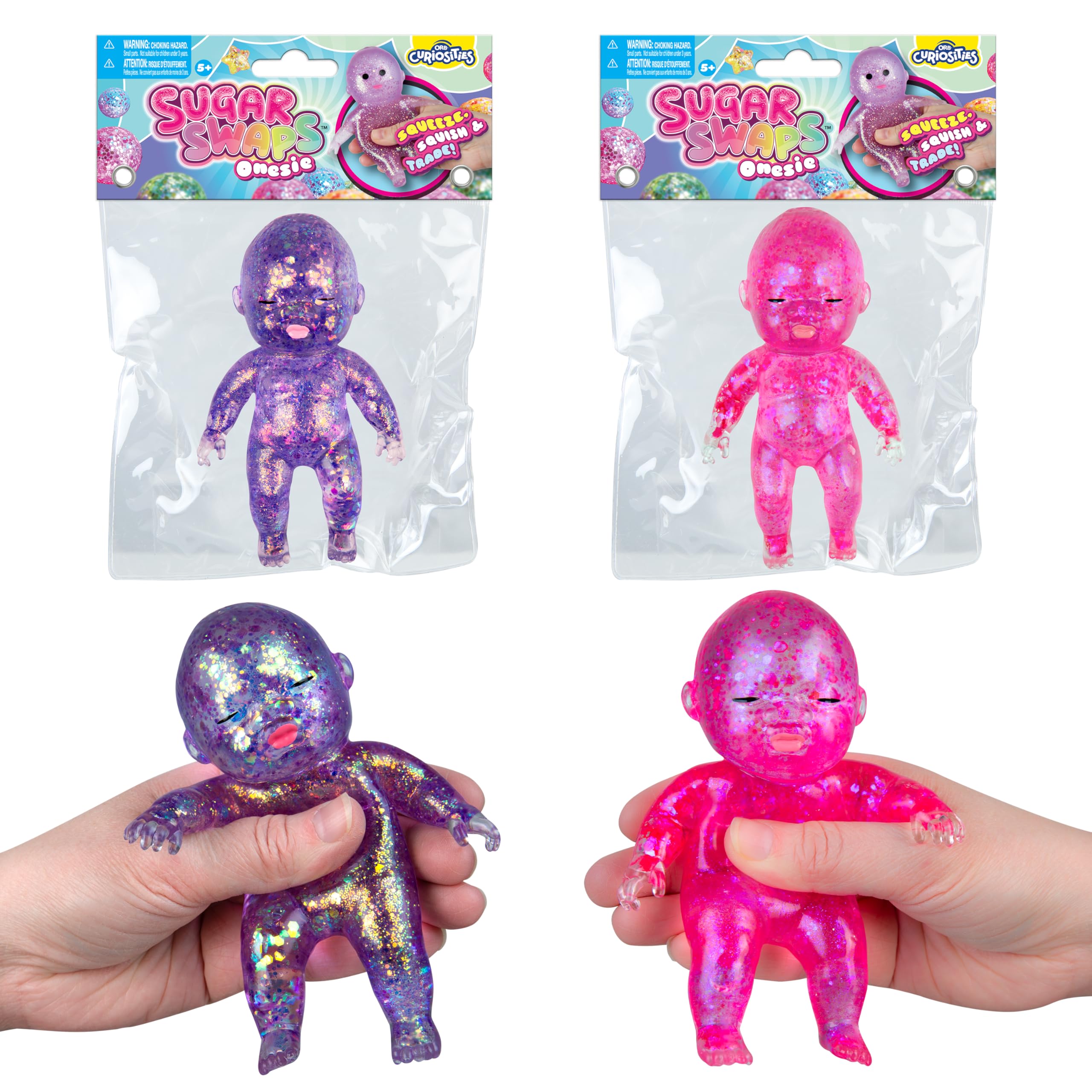 ORB Curiosities Sugar Swaps Jumbo Baby Squishies 2 Pack - 2 Big, Sparkly Sugar Baby Squishy Toys to Stretch, Squeeze, Collect and Trade - Fun Stress Relief, Sensory and Fidget Toys for Kids and Adults
