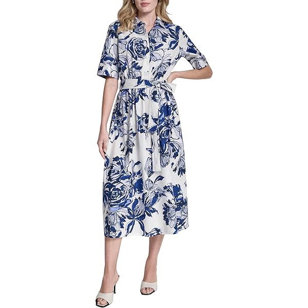 DKNY Short Sleeve Printed Linen Shoulder Strap Midi Dress Black/Cafe Au  Lait Multi XS at Amazon Women's Clothing store