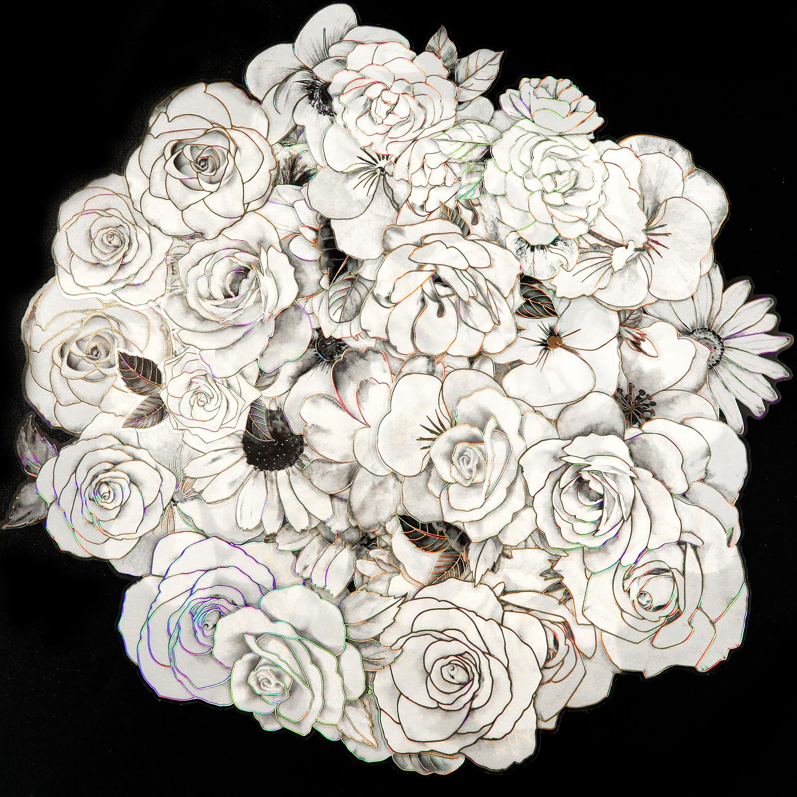 120pcs Flower Stickers with Gold Holographic Outlines, White and Black PET Waterproof Flower Stickers Decorative Floral Decals for Water Bottles Envelope Scrapbook Journals Paper Crafts