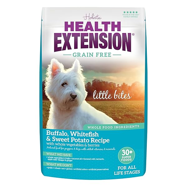 HEALTH EXTENSION GRAIN FREE BUFFALO & WHITEFISH LITTLE BITES (1 LB / 0.45 KG) – SMALL KIBBLE FORMULA WITH OMEGA 3 & WHOLE FOODS FOR TEACUPS, TOYS & MINIATURE DOGS