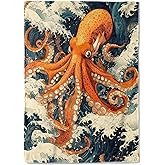 coedoaes Vintage Octopus Fleece Blanket - 50x60in Retro Ocean Waves Throw Blankets,Soft Cozy Lightweight, Ideal for Living Room Home Rustic Decor and Kids Women Girls Beach Gifts