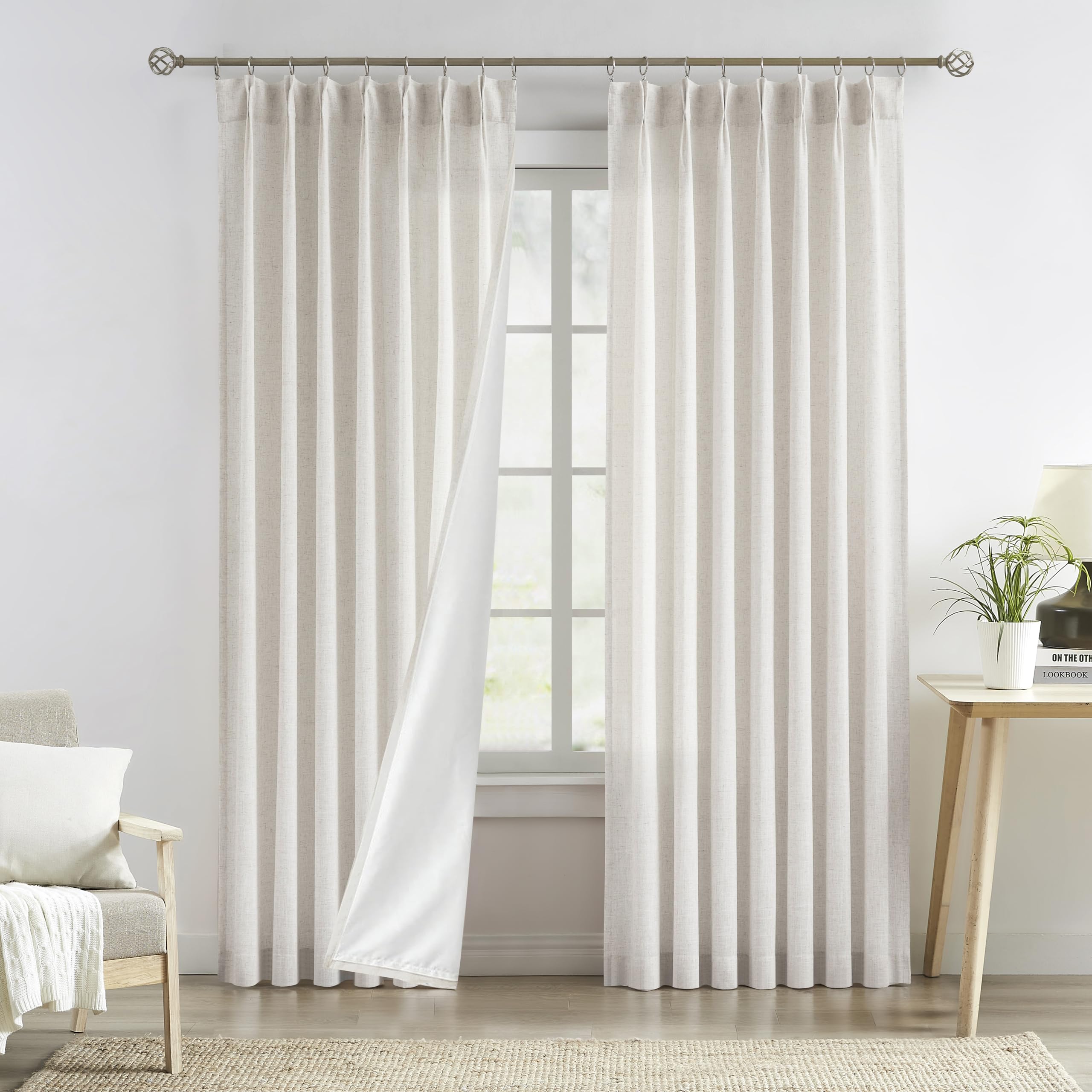 Photo 1 of Central Park Natural Pinch Pleat Light Filtering Curtain with Microfiber Liner Linen Blended Textured Window Treatment Privacy Drape 90 Inch for Living Room Bedroom with Back Tabs Hooks, 40" Wx90 Lx2
