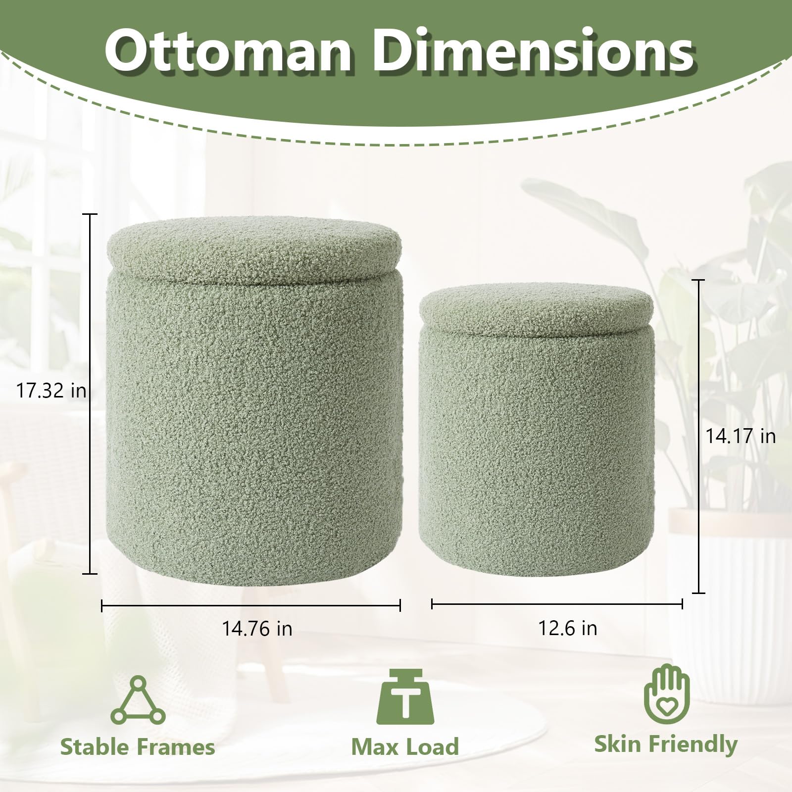 Royal Windsor Boucle Round Ottoman with Storage Set of 2,Small Foot Stool Ottoman for Living Room, Ottoman Coffee Table,Vanity Stool with Storage for Bedroom, Green - Image 2