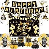 Black Gold Birthday Decorations for Men Women | Pre-Strung Happy Birthday Banner with Backdrop, Balloons,Honeycomb Centerpieces &amp; Streamers Kit