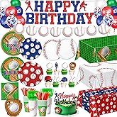Oigco Baseball Birthday Decorations Set Includes Plates, Napkins, Cups, Cutlery, Cake & Cupcake Toppers, Banner, Hanging Swirls, Tablecloths, Balloons for Sports Baseball Party Decorations, Serves 24