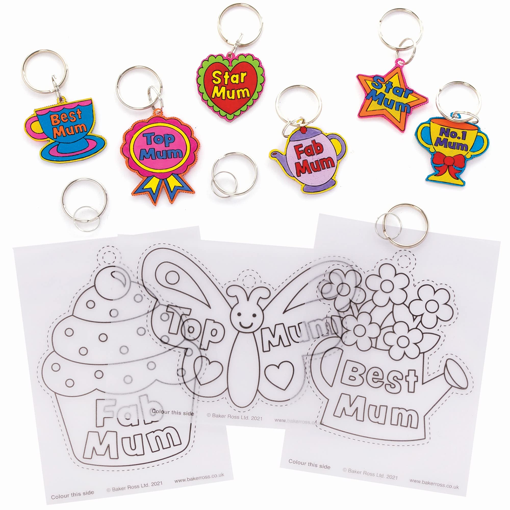 Baker Ross Super Shrink Keyrings-Pack of 10, Mother's Day Craft Key Rings for Kids to Colour in (FC408), Assorted, 19 x 12.5 x 1 cm