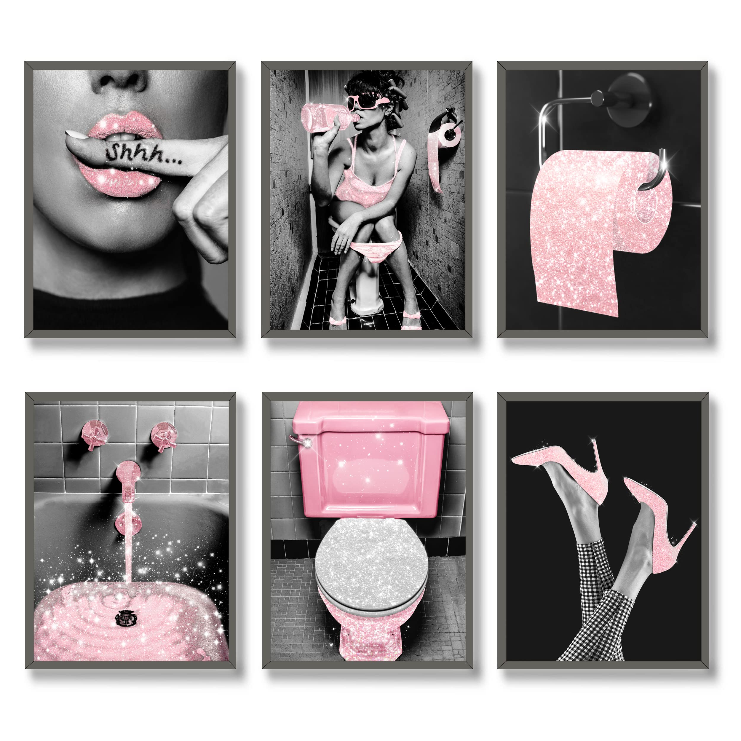 Luodroduo Fashion Wall Art Set of 6 Pink Glam Glitter Tissue Canvas Posters - Modern Women Themed Bathroom Artwork (8"x10" UNFRAMED)