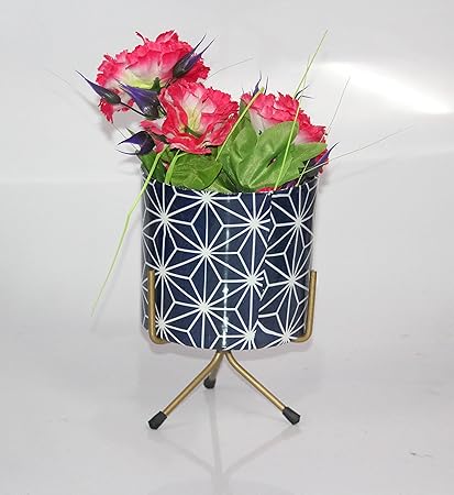 Elegant Crafts India Modern Design Table or Outdoor Planter with Rust Free Metal Stand Plant Container Set Pack of 1 Width X Height 05X7.5 Inches (Colour Blue)