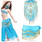 Mepase 1 Set Belly Dancer Outfit Belly Dance Hip Scarf Face Veil with Beads Sequins for Women Halloween Costume Accessory