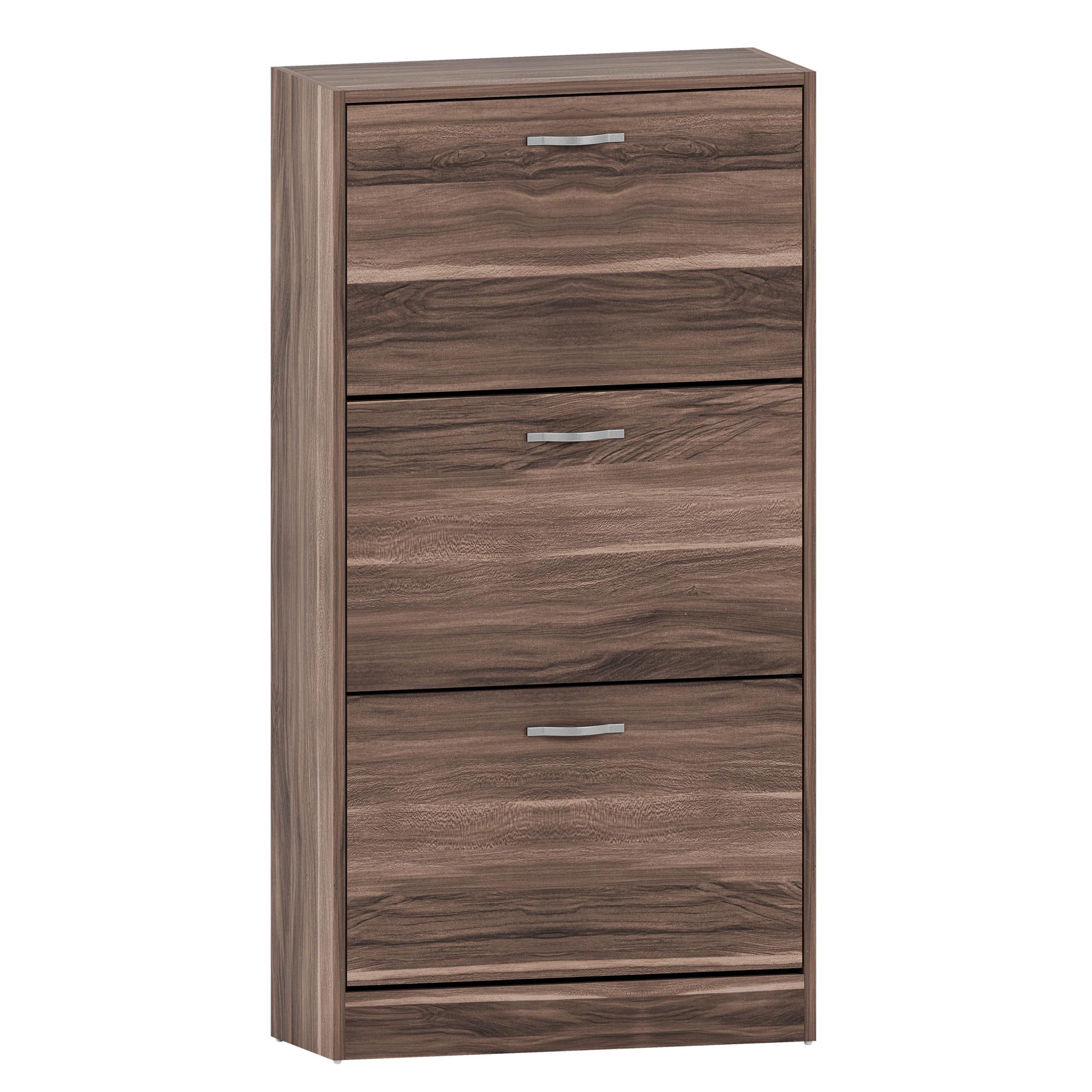 Vida Designs Shoe Cabinet, Wooden Shoe Storage Unit with 3 Pull-Down Drawers, Multifunctional Dust-Proof Space-Saving Slim Cupboard for Hallway or Entryway (Walnut)