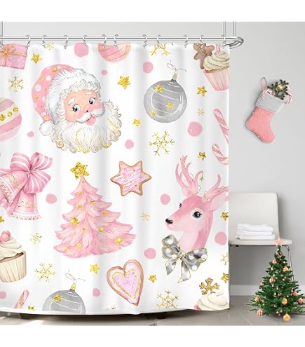 DSMEUE Christmas Tree Shower Curtain - Pink Xmas Tree Snowflake Pattern Fabric Bathroom Decor (70x70 Inches) - View #10