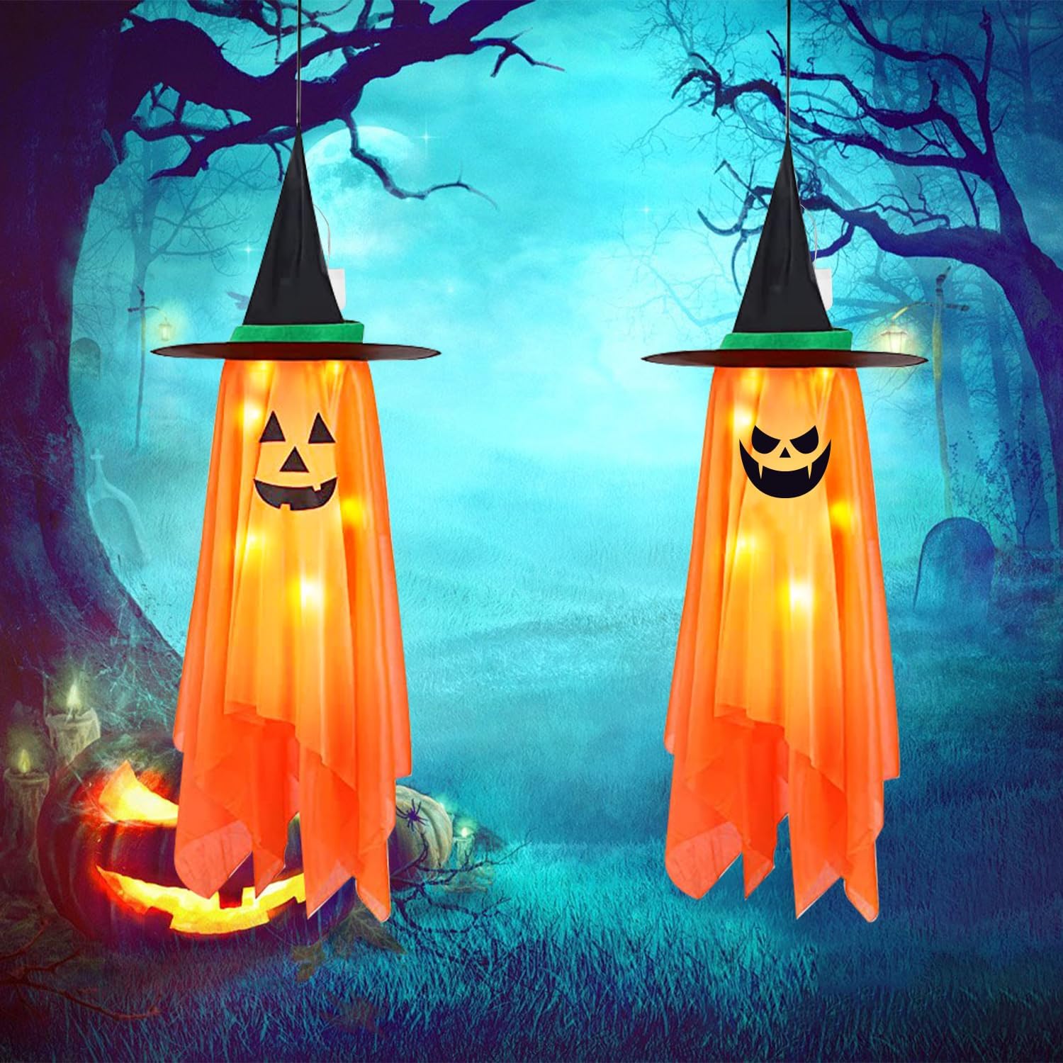 Outdoor Holiday Decorations - Halloween Decorations, 2 Pack Pre-Installed Lighted Pumpkin Ghost Witch Halloween Decor, Outdoor/Indoor Cute Halloween Hanging Decorations Ornaments for Party Home Wall Yard Tree Porch Lawn