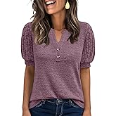ANRABESS Women's Tops Puff Short Sleeve Henley Shirt Dressy Casual Blouses Summer Sweater 2026 Spring Business Cute Tunics