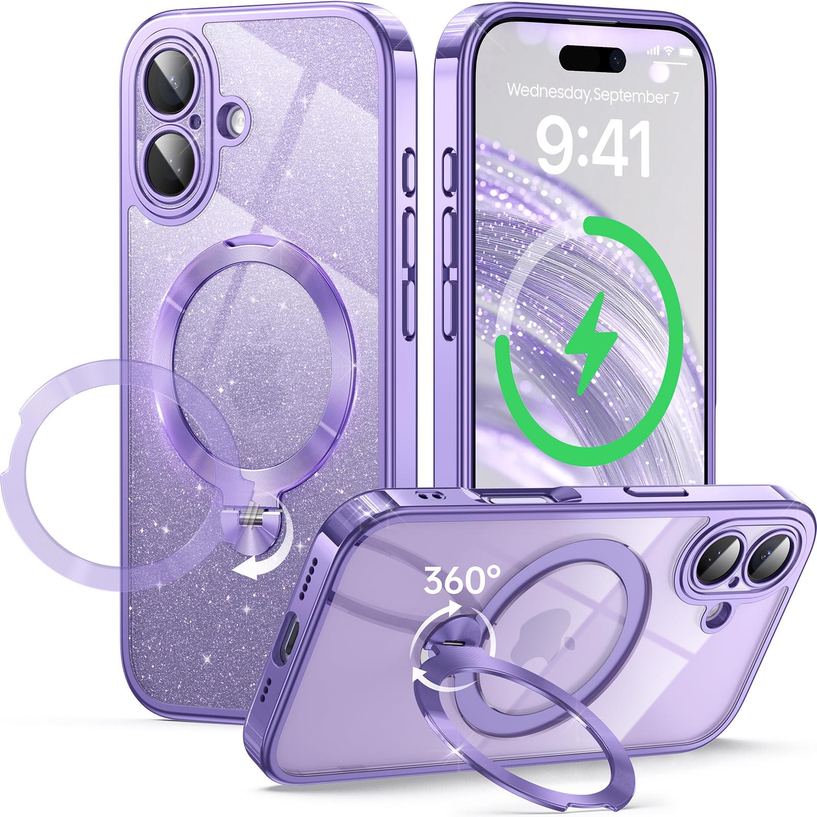 Photo 1 of 360° Spin CD Stand for iPhone 17 Case Compatible with Magsafe Ring [Never Yellow][DIY Glitter Cardstock] Camera Protection Plating Clear Cute Phone Case for Women Girls 6.3'', Lavender Purple