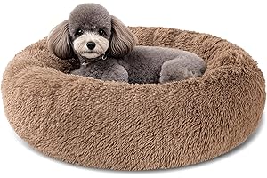 Kimpets Dog Calming Beds for Small Medium Large Dogs - Round Donut Washable Puppy Dog Bed, Anti-Slip Faux Fur Fluffy Donut Cuddle Anxiety Cat Pet Bed(20'' Khaki