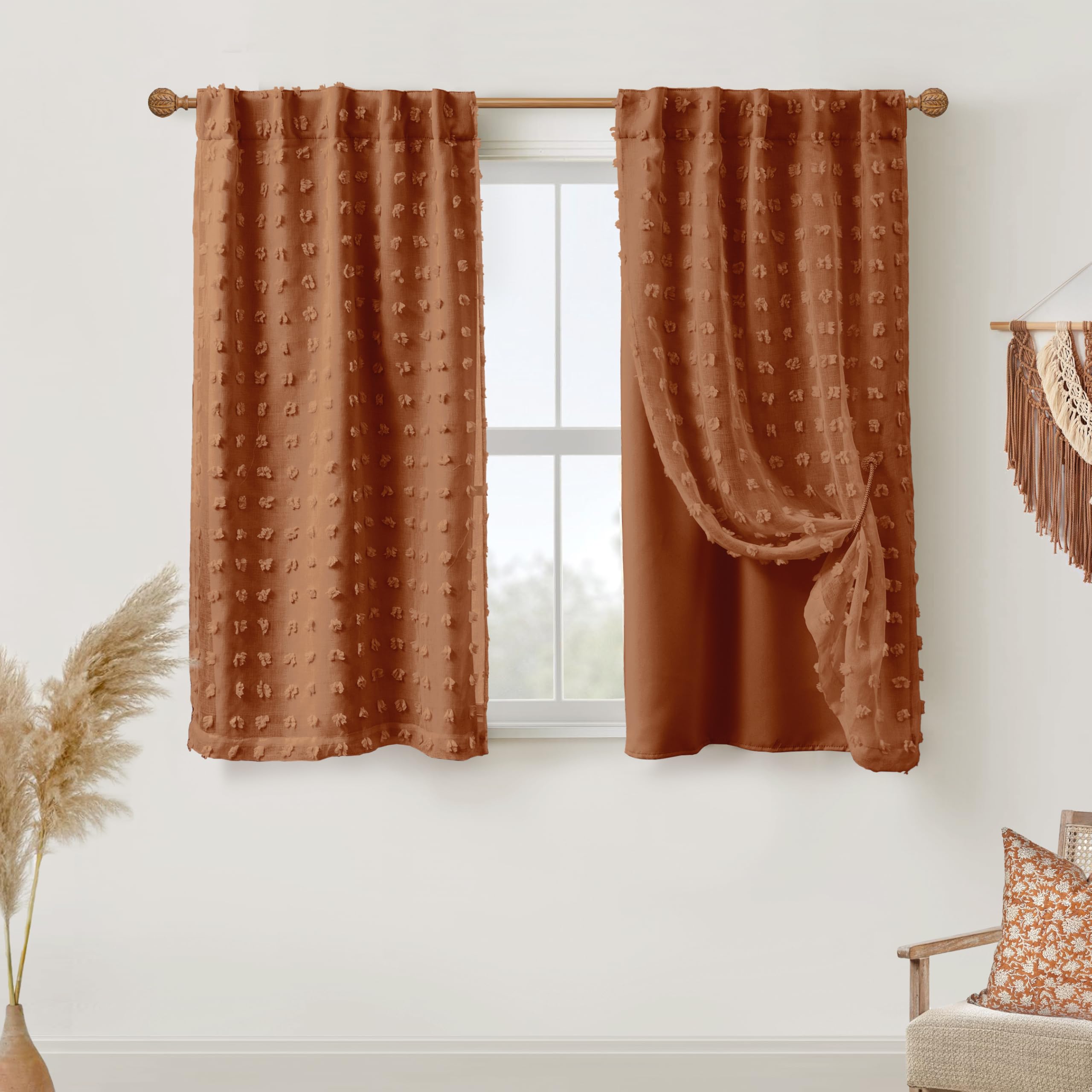 Photo 1 of Back Tab Pom Pom Terracotta Curtains for Girls Room Bedroom Bathroom Nursery Curtains Double Layer 45 Inch Length