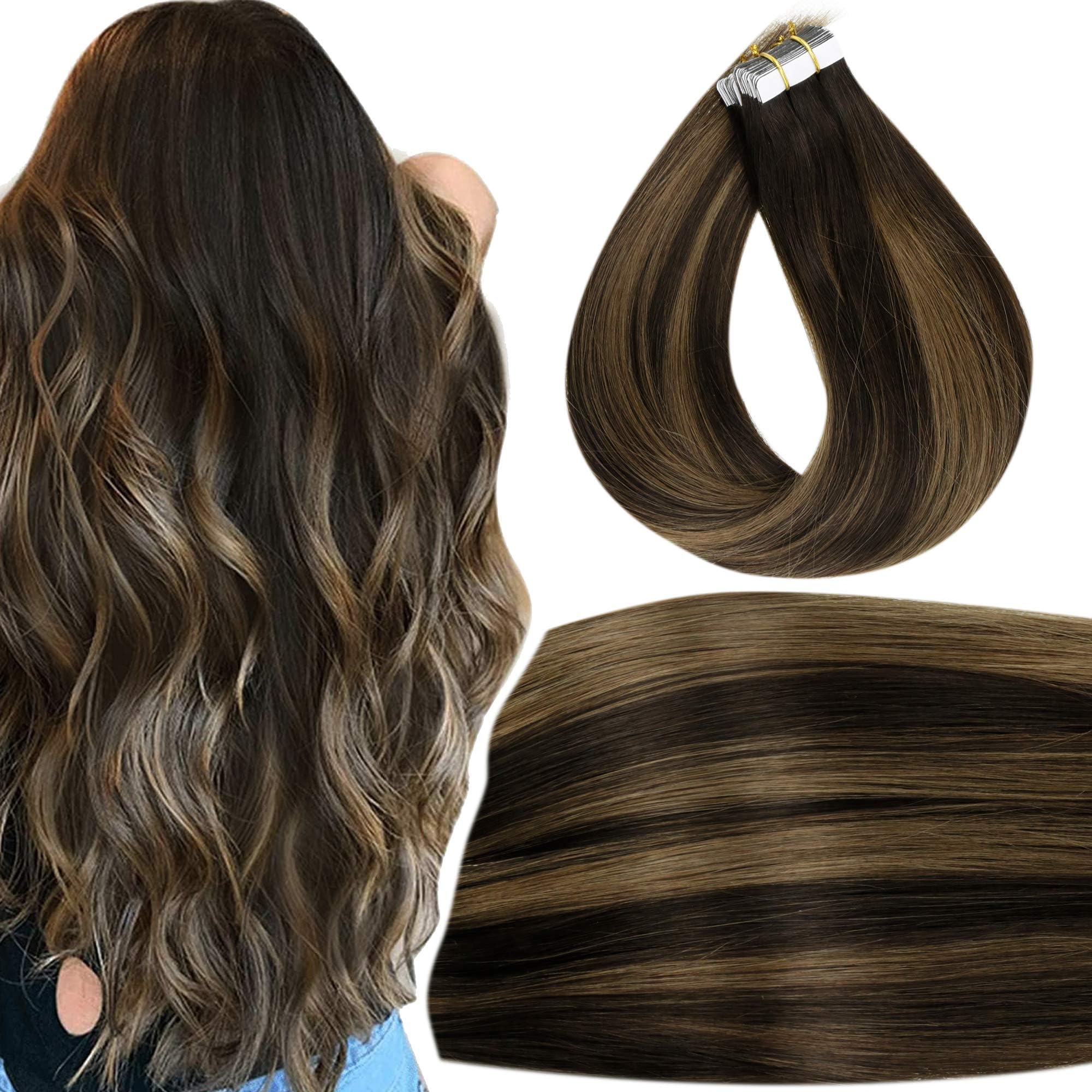 Balayage Tape in Extensions Human Hair Darkest Brown to Light Brown Mixed Brown 20 inch Seamless Long Tape in Hair Extensions Real Human Hair Straight 20pcs 50g
