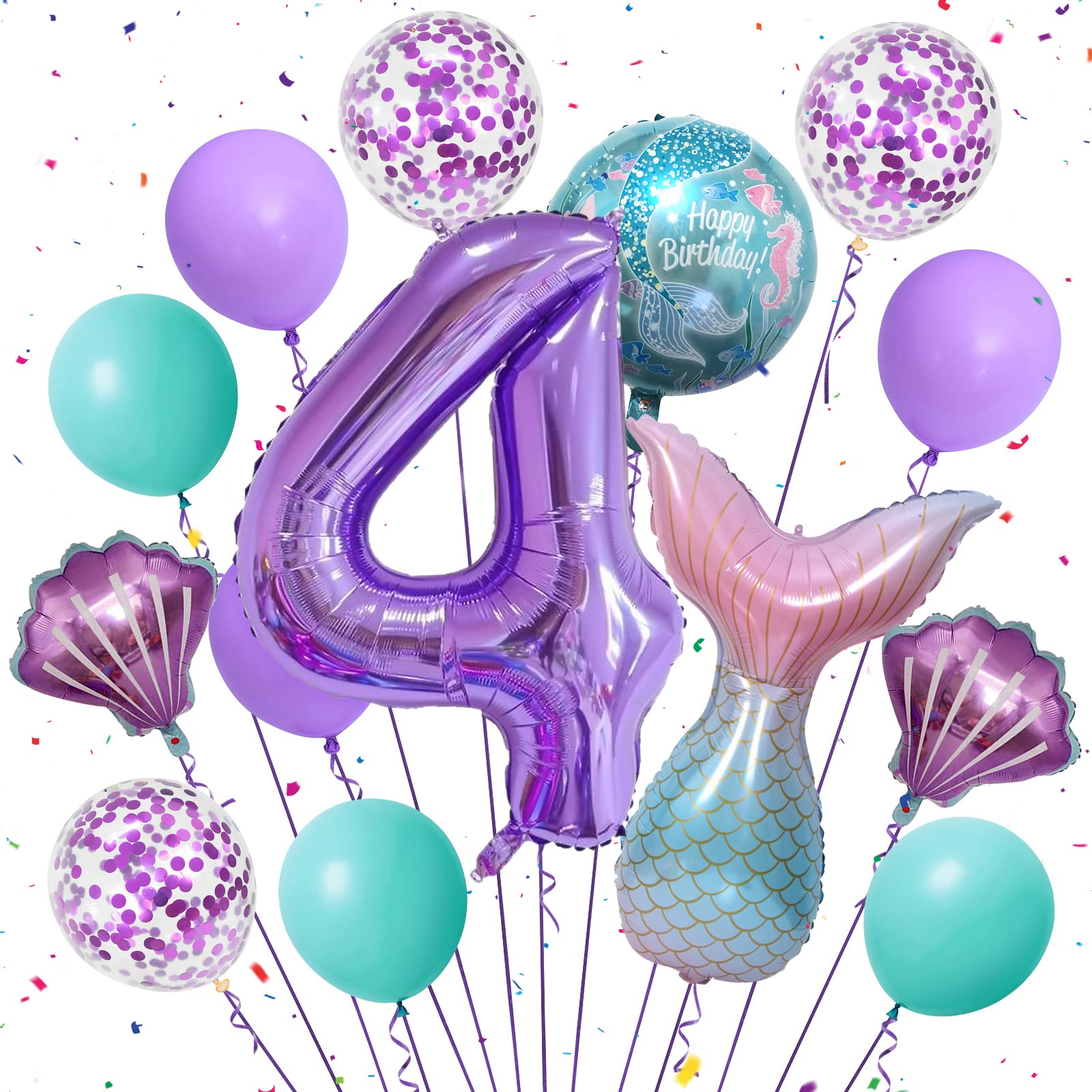 Mermaid Balloons Tail Party Decorations, Mermaid Balloon 40 Inch Number 4 Foil Balloon purple 18" Foil Balloons Set, for Girls 4th Birthday Decorations Party Supplies