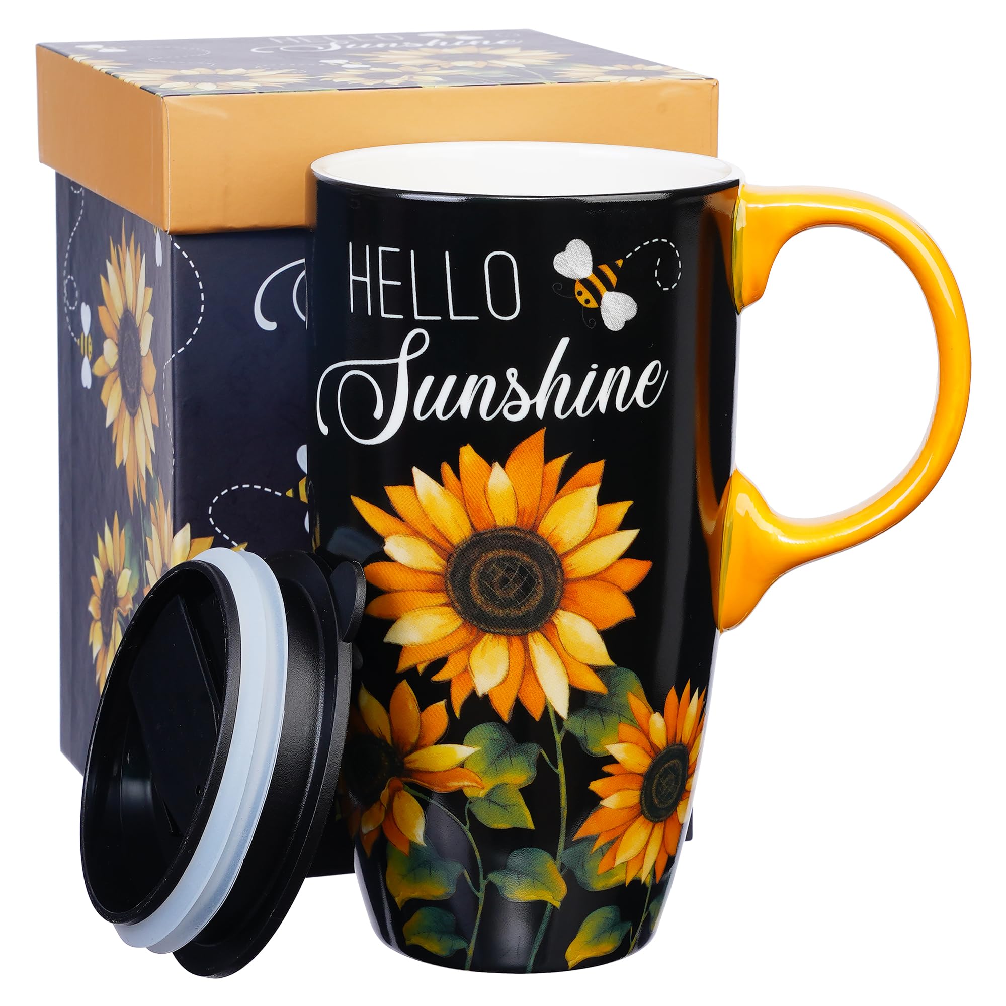 Topadorn Ceramic Mug with Lid and Gift Box Sunflower Latte Mug Coffee Cup,17oz. Sunshine