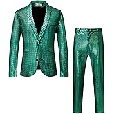 ZEROYAA Men's Metallic Shiny Suits Disco Sequin Blazer and Pants 2 Piece Sets for Party Prom