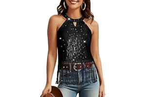 Aupuls Fringe Sequin Tops for Women Halter Sparkly Top for Christmas Party Country Concert Outfits