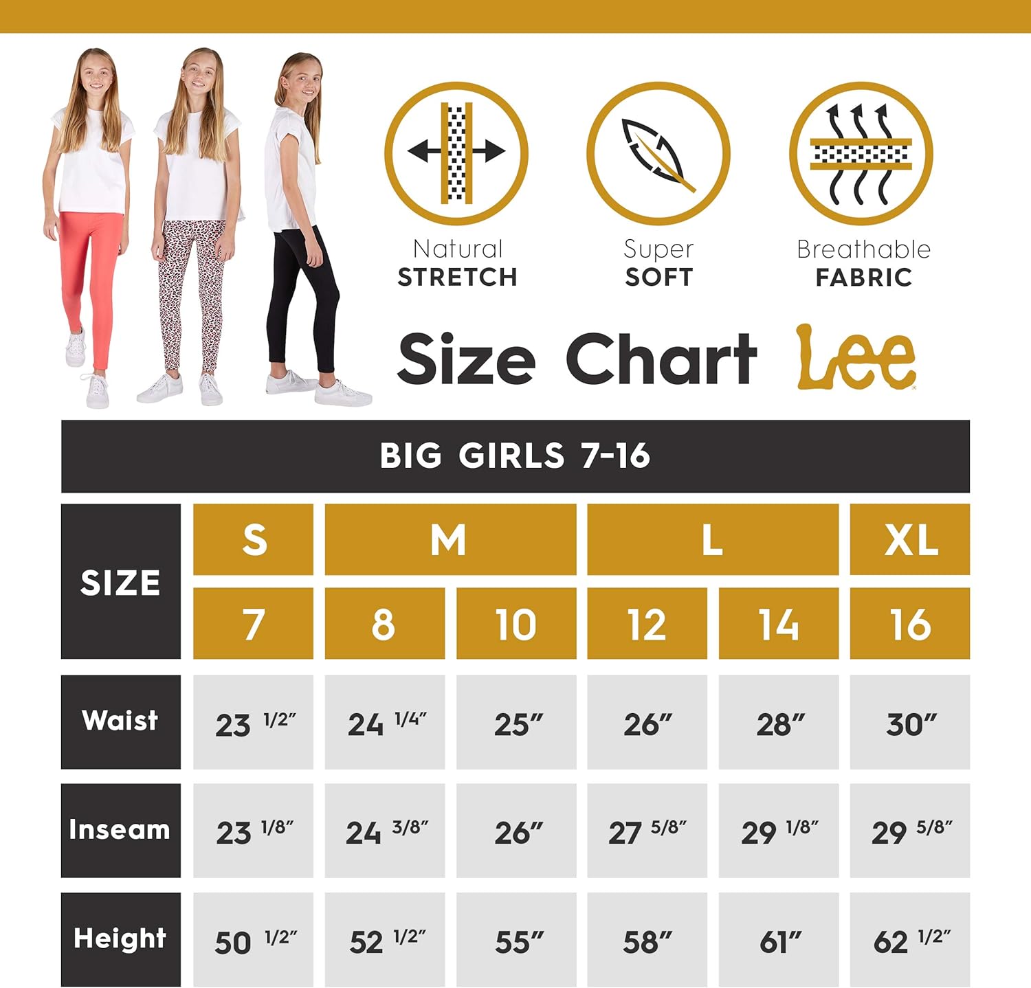 LEE 3 Pack Leggings for Girls | A Stylish Mix of Solid Color or Prints, Super Soft Pull on Leggings for All Day Comfort: Clothing