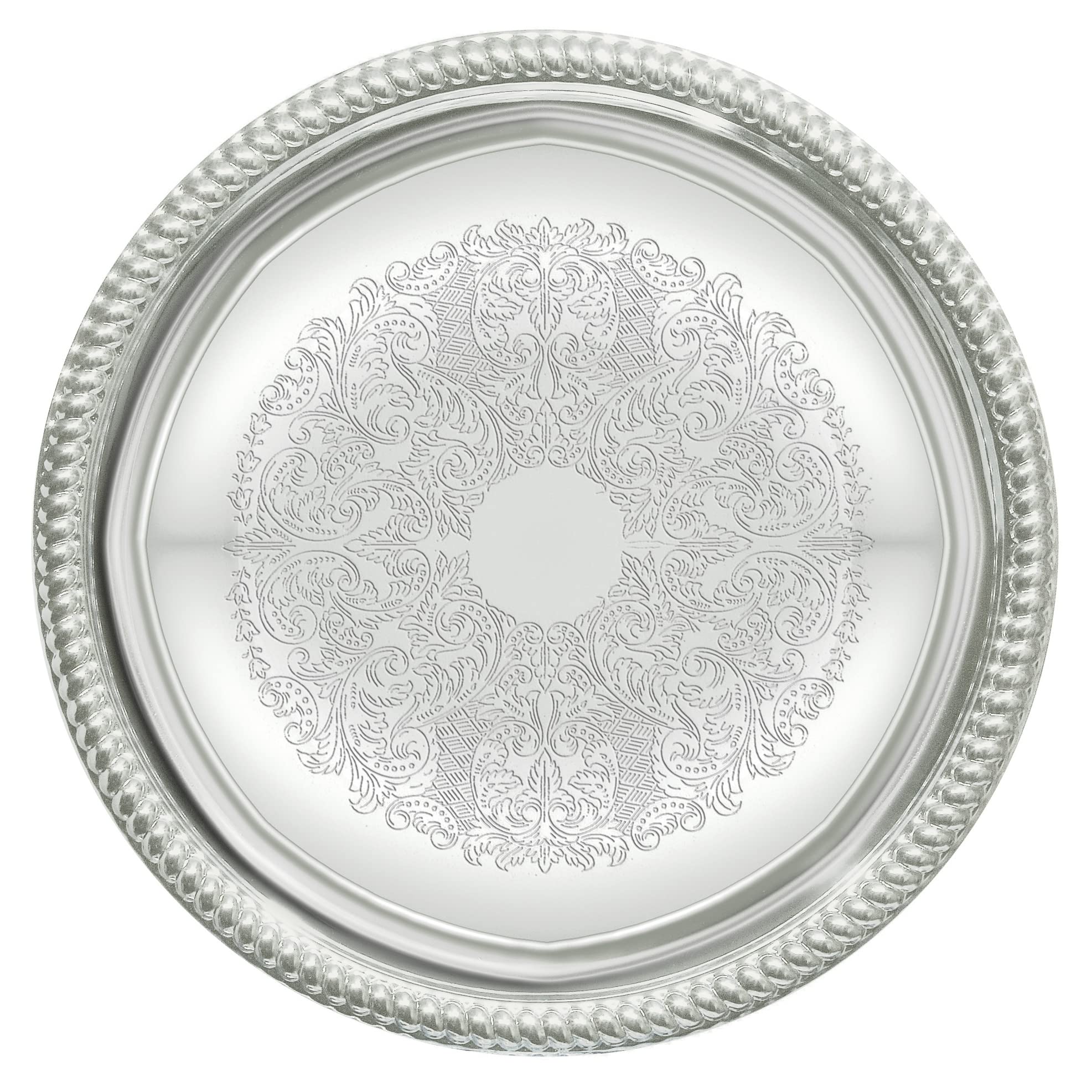 Winco CMT-14 round chrome tray with traditional engraved border, 14 inch