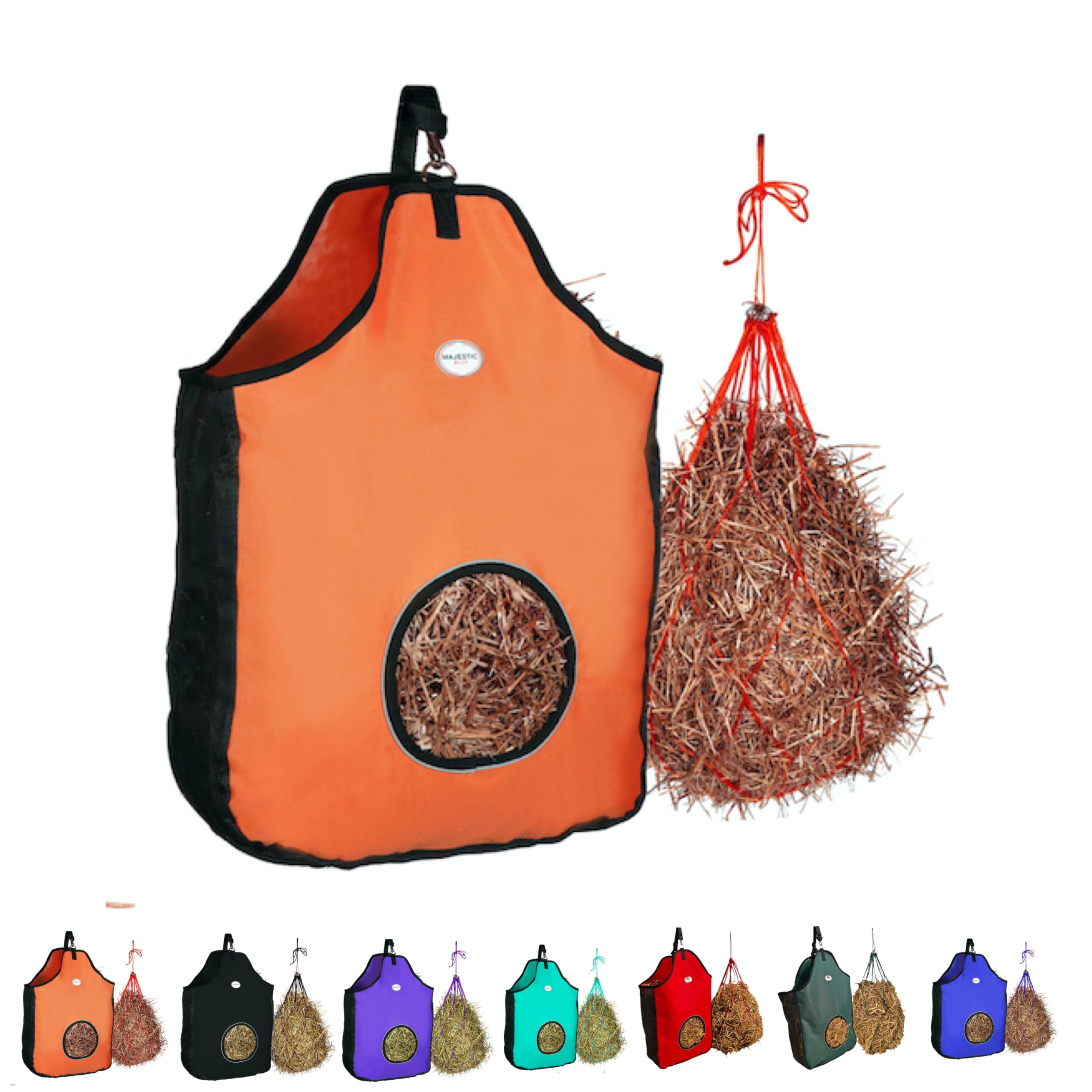 Majestic Ally 1200 D Hay Feeder Tote Bag for Horses, Sheep with Reflective Trim- Reduces Waste - Comes with 36” Hay Net (Orange) — image 1