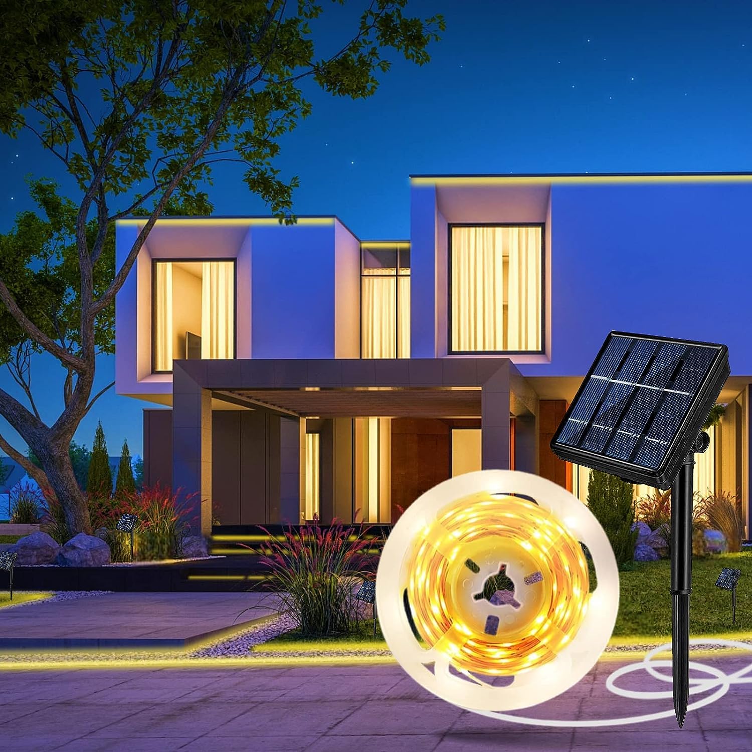 Aitesuo 5m Solar LED Strip Lights Outdoor, Warm White 3000K Solar Powered Flexible Tape Lights, 8 Lighting Modes, 180 LED, Cuttable, IP65 Waterproof Rope Light for Garden Fence Porch Gazebo Decor โ image 1