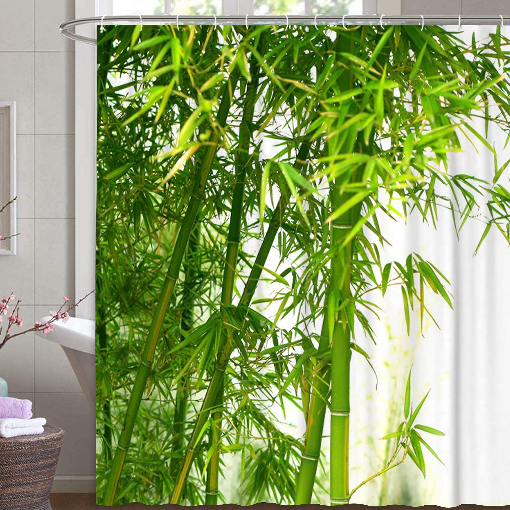 M&W DAS DESIGN Shower Curtain Bamboo Textile Curtain Green Exotic Bamboo Tree Forest Mould Resistant Bamboo Leaf Colourfast Includes 12 C-Rings Weight Bottom