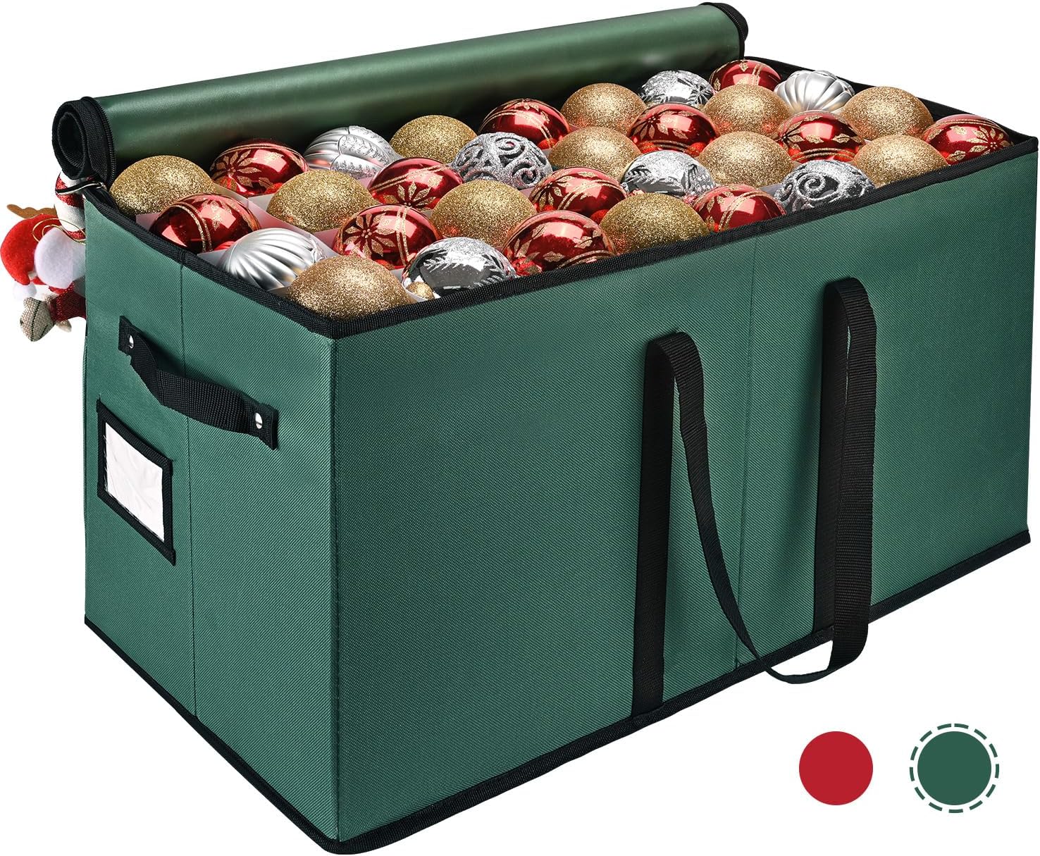 Holiday Décor Storage - Patiobay Christmas Ornament Storage Box - Stores Up to 128 Holiday Ornaments, Christmas Storage Container with Side Pocket, Adjustable Dividers, Card Slot, Tear-Proof Fabric - Green