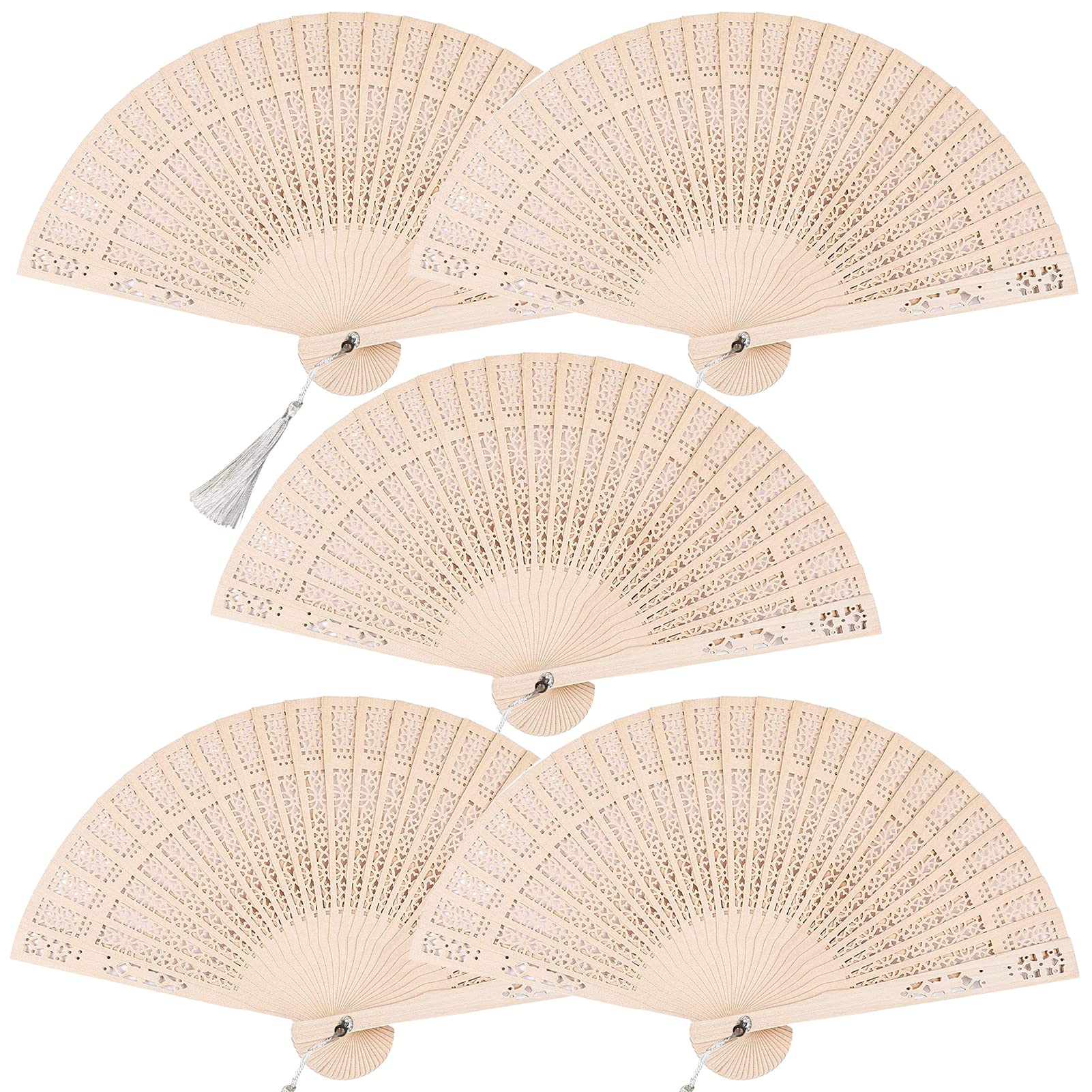 5 PCS Wooden Folding Fan, Sandalwood Fan Decorative Hollow Fan Wooden Fans Vintage Folding Handheld Fan Wooden Wedding Fan Ornament Chinese Fan Wood Hand Fans with Tassels for Women Folding Wedding