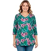 Woman Within Plus Size Perfect Printed Three-Quarter Sleeve V-Neck Tee