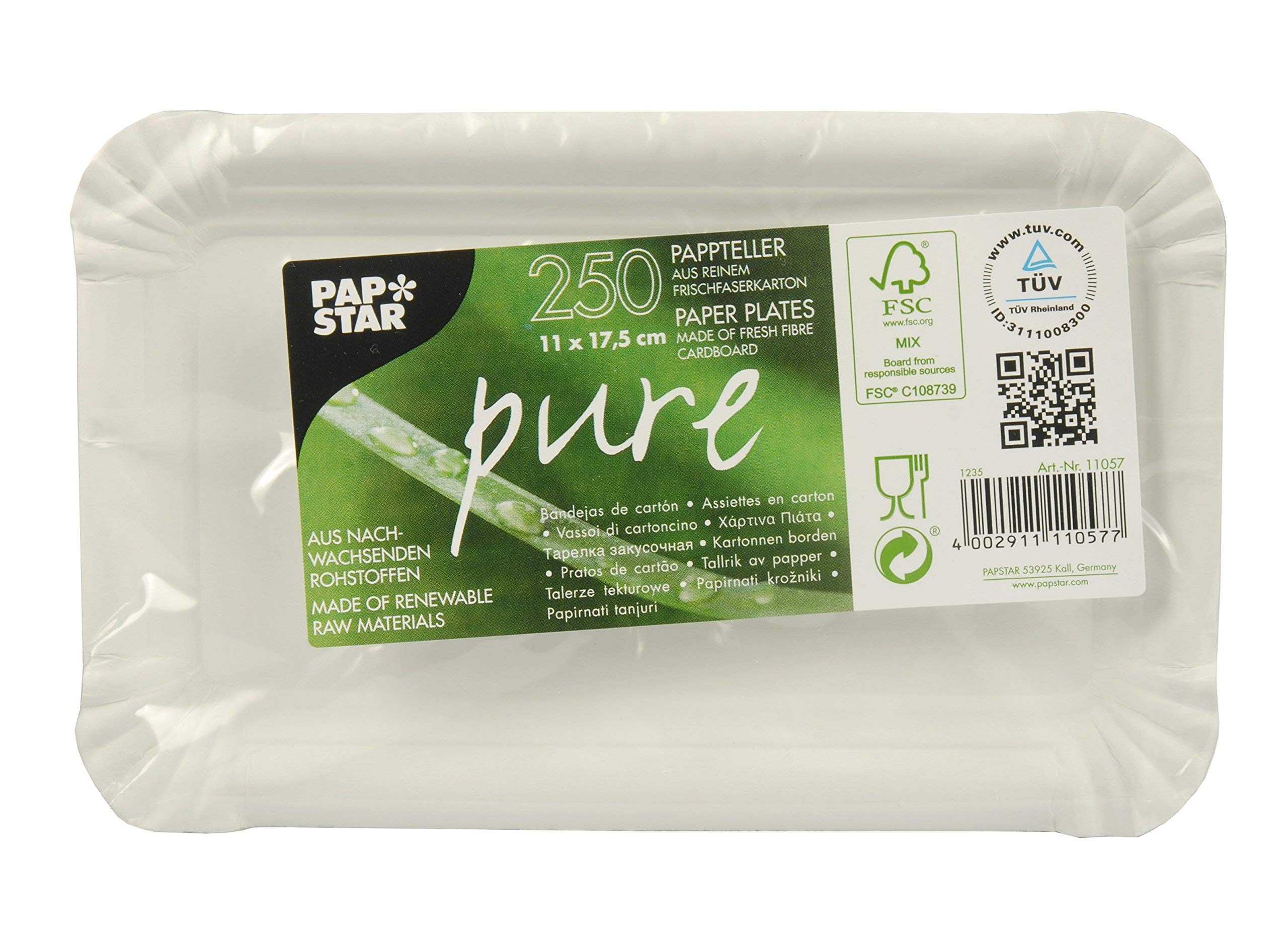 Papstar Paper Plates/Disposable Plates White, Square, "Pure" (Pack of 250), 100% Fresh Fibre Cardboard, 11 x 17.5 cm, Food-Safe, Compostable, for Household/Catering, #11057
