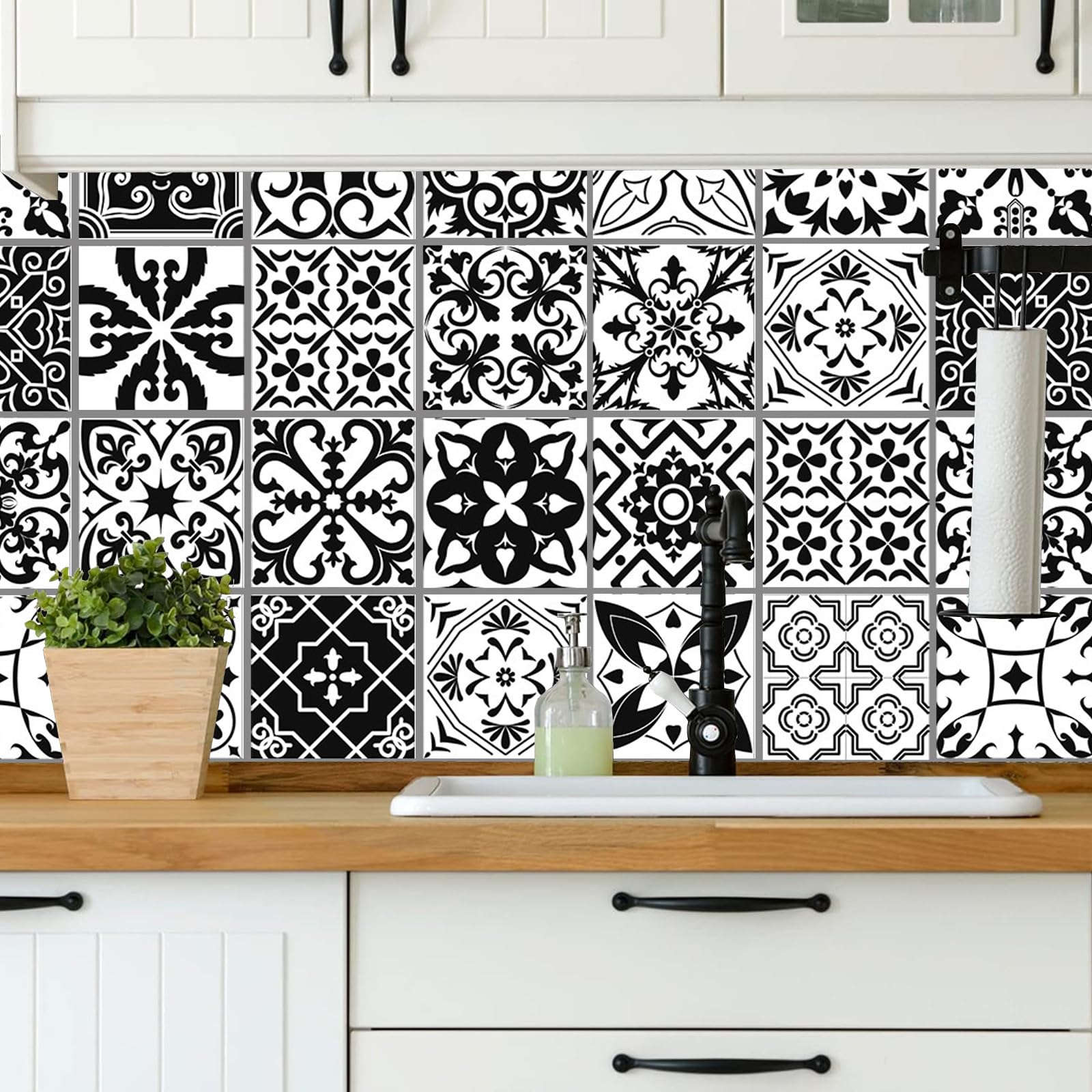 24pcs Moroccan Tile Stickers 15x15cm Bathroom Tile Stickers for Kitchen Transfers Cover Stick On Tiles Peel and Stick Wall Decals Waterproof 6"x6",Black and White