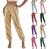 AOREUGL Sparkly Pants for Women Elastic High Waisted Shiny Sequin Trousers Casual Loose Long Pencil Pant Holiday Outfits