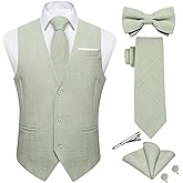 DiBanGu Mens Linen Suit Vest Casual Waistcoat and Necktie & Pre-tied Bowtie Set 6PCS Solid Color Dress Vest for Wedding Party