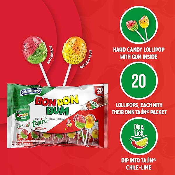 COLOMBINA BON BON BUM TROPICAL PASSION FRUIT & WATERMELON WITH TAJIN SEASONING CHILE LIME DIP, 20 COUNT (PACK OF 1)