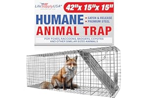 LIFESUPPLYUSA Heavy Duty Catch Release Large Live Humane Animal Cage Trap for Foxes Raccoons Badgers Coyotes and Other Similar Sized Animals 42x15x15