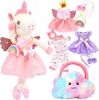 hahaland Unicorn Toys Girl Dress-Up Set with 3 Outfits Plush Doll
