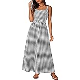 PRETTYGARDEN Women's 2026 Summer Spaghetti Strap Maxi Dresses Plaid Square Neck A Line Casual Beach Vacation Long Sundress