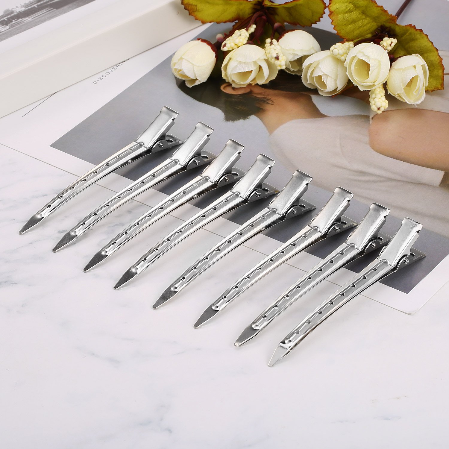 3.5 Inches Duck Bill Hair Clips Metal Alligator Curl Clips Sectioning Clips with Holes (24 Pieces) : Beauty