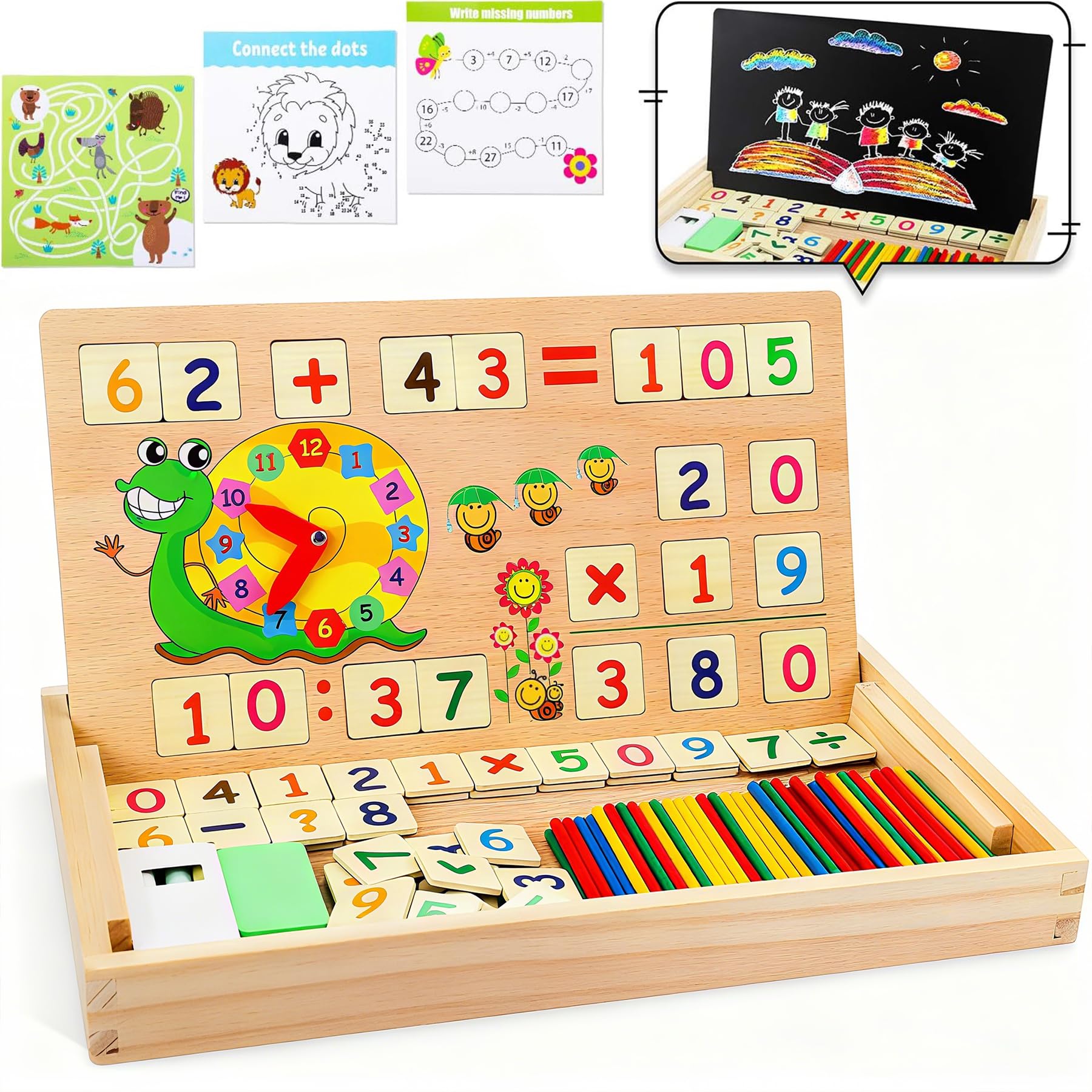 lenbest Wooden Maths Box - Maths Games - Montessori Toys - Numberblocks | Counting Sticks | Teaching Clock | Learning Board - Educational Easter Toy for 5+ Year Old Kids