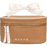 Roame Everyday Vanity Makeup Bag, Canvas Case with Handle, White/Brown | Structured Wide-Opening Design, Smooth Zipper, Wipe-Clean Lining, Ivory Ribbon Details, for Cosmetics, Toiletries &amp; Travel