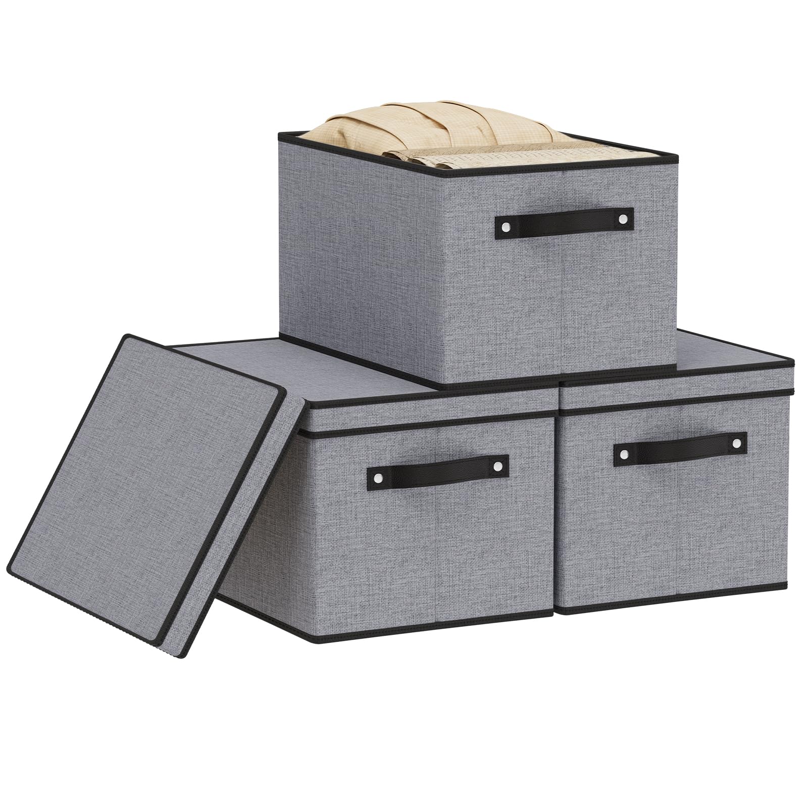 YheenLf Clothing Storage Bins, Blanket Baskets for Shelves, Fabric Cubes with Handles and Lids, Decorative Linen Closet Organizers Boxes, Gray, 3 Pack, 42×30×26cm