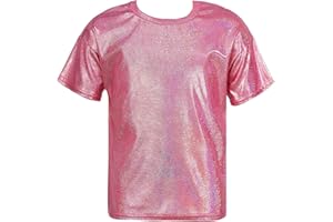 DRHOM Kids Boys Girls Metallic Shiny T-Shirt Jazz Hip Hop Dance Tops Short Sleeves Loose T-Shirt for Performance Costume