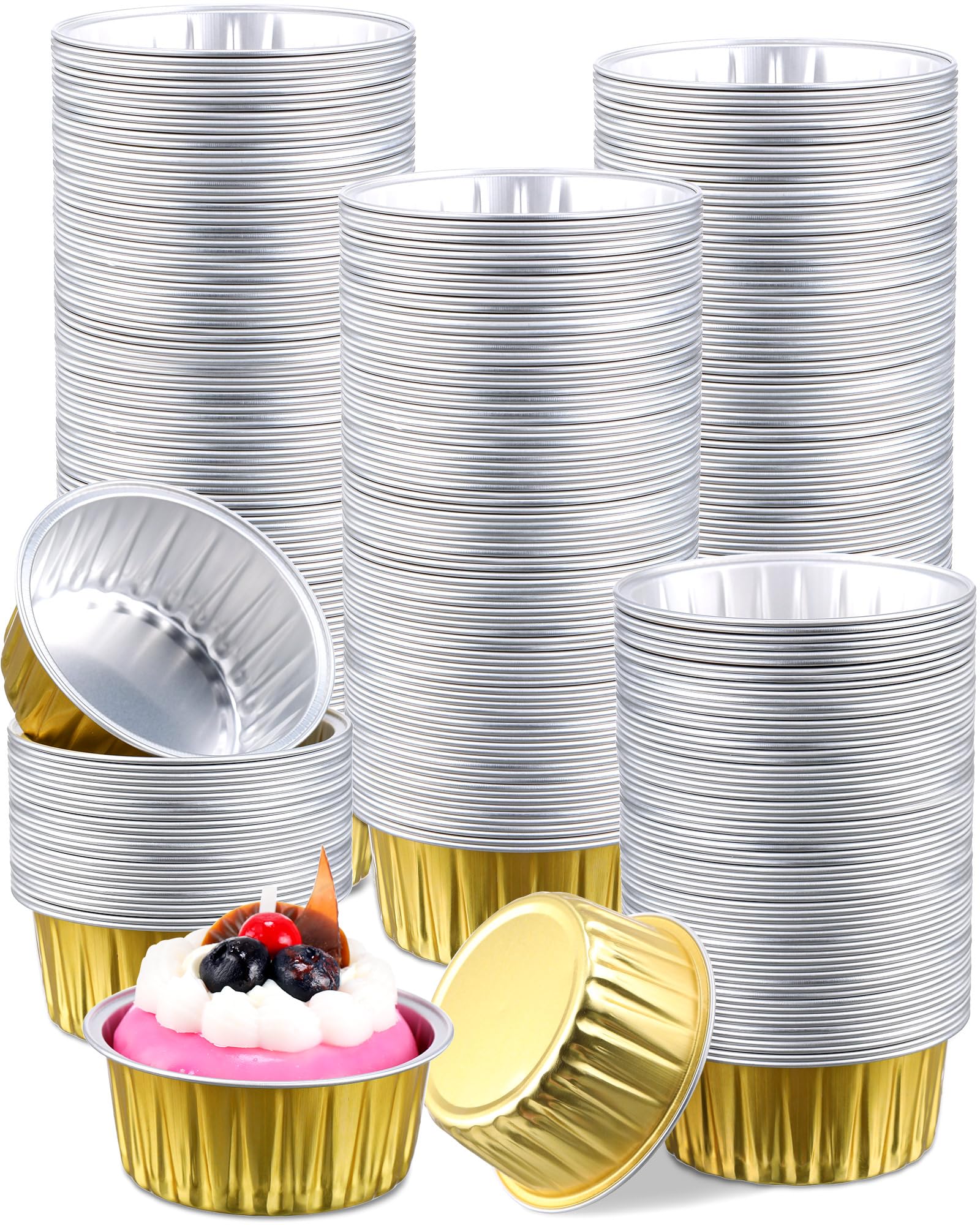 Photo 1 of 300 Pcs Patelai Aluminum Foil Cups 4.2 oz Mini Baking Cups Gold Cupcake Liners Disposable Ramekins Foil Muffin Pans for Pie Souffle Pudding Holder Wedding Birthday Party (Round)