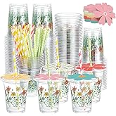 Teecyhooo 50 Sets 12oz Wildflower Disposable Plastic Cups with Lids and Flower Designed Straws Spring Floral Cold Beverage Drinking Cups for Spring Summer Wedding Birthday Bridal Baby Shower Party